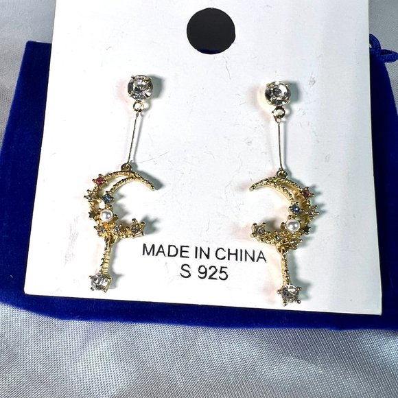 NWOT Celestial Moon & Star Crystal & Pearl Dangle Earrings Gold Finished S925 - Picture 3 of 6